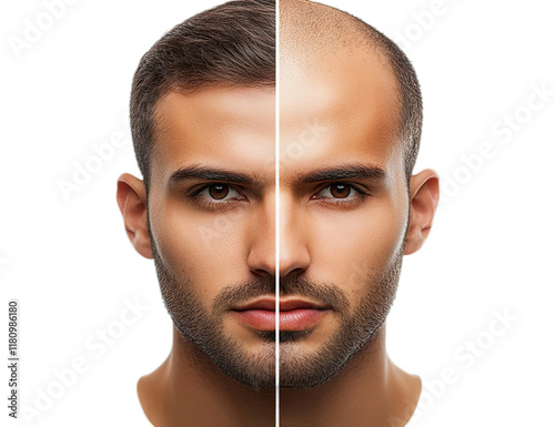 Front view portrait of an attractive man with a split hairstyle, showing dark brown hair on one side and baldness on the other.