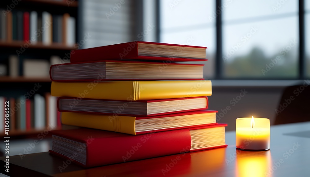 Serene Ambience: A Flickering Candle Illuminates a Stack of Teal and Turquoise Books on a Light Wooden Desk Serene Ambience: A Flickering Candle Illuminates a Stack of Teal and Turquoise Books on a Light Wooden Desk