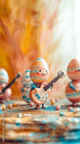 Easter eggs as rockstars performing on a vibrant stage with miniature guitars in a fun and lively atmosphere photo