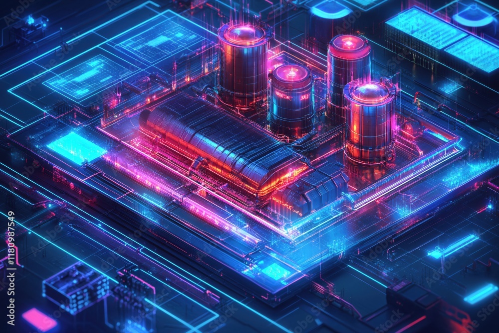 Fototapeta premium Futuristic Digital Data Center with Neon Lights and High-Tech Energy Storage Systems