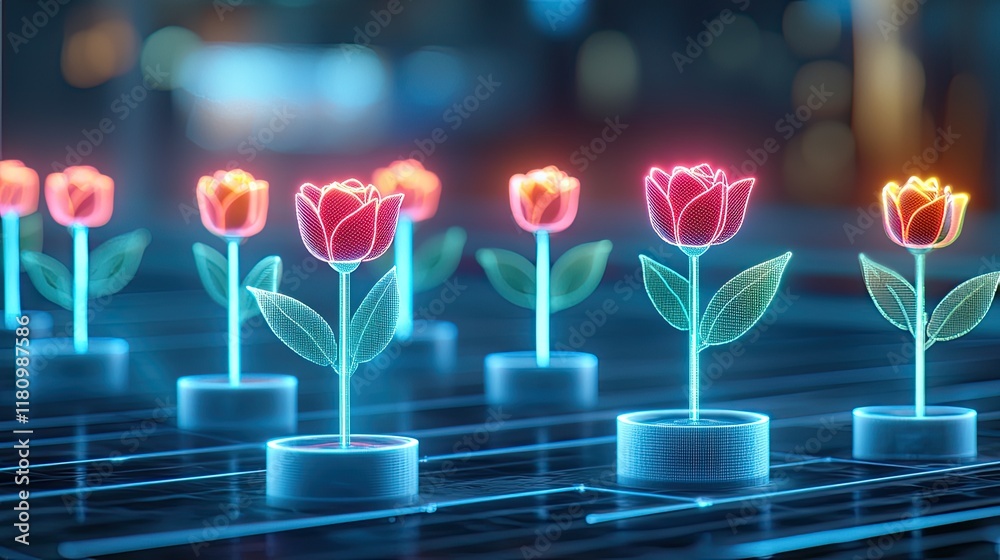 Naklejka premium Futuristic Digital Hydroponic Garden with Glowing Roses and Neon Elements in an Urban Background