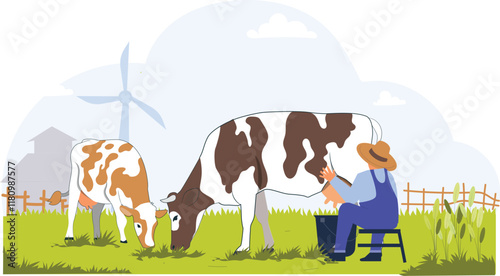 A peaceful agricultural scene with a farmer milking cows, emphasizing rural life and farm work.