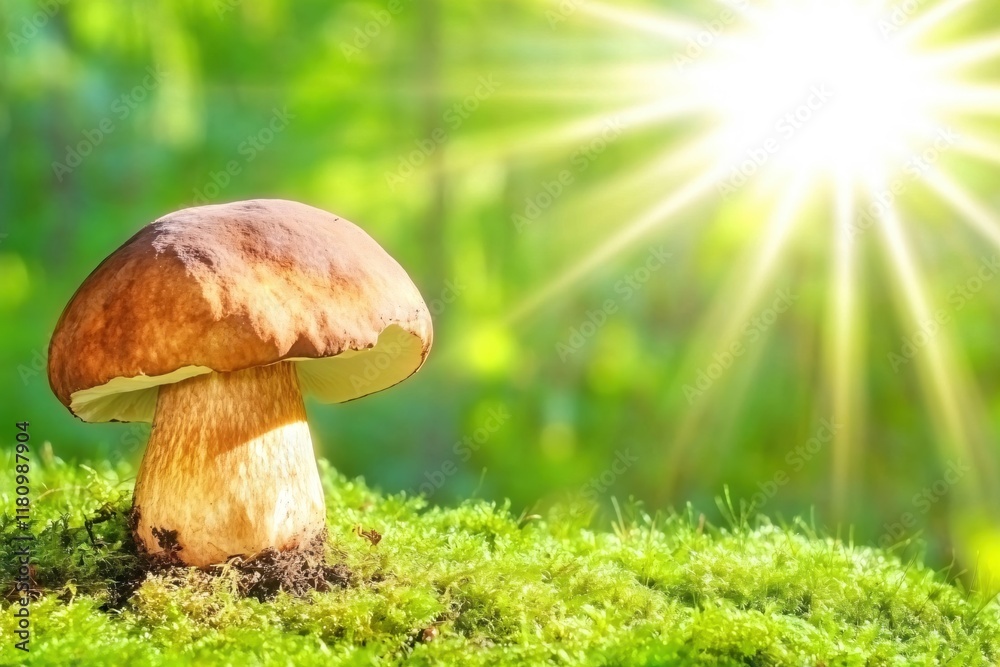 Fresh Wild Mushroom Growing in Bright Sunlit Forest on Lush Green Moss Fresh Wild Mushroom Growing in Bright Sunlit Forest on Lush Green Moss