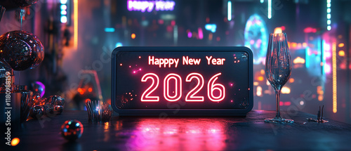 Wallpaper Mural Laser-etched "Happy New Year 2026" glowing in a dark neon-lit space-1 Torontodigital.ca