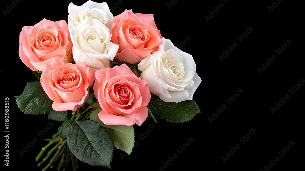 Naklejka premium Elegant Bouquet of Pink and White Roses on Black Background, Perfect for Celebrations and Special Occasions