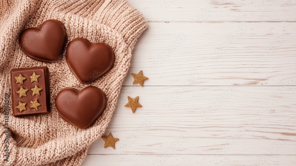 Fototapeta premium Delicious Chocolate Hearts and Box on Cozy Knit Blanket in Soft Brown Color for Romantic Moments and Celebrations