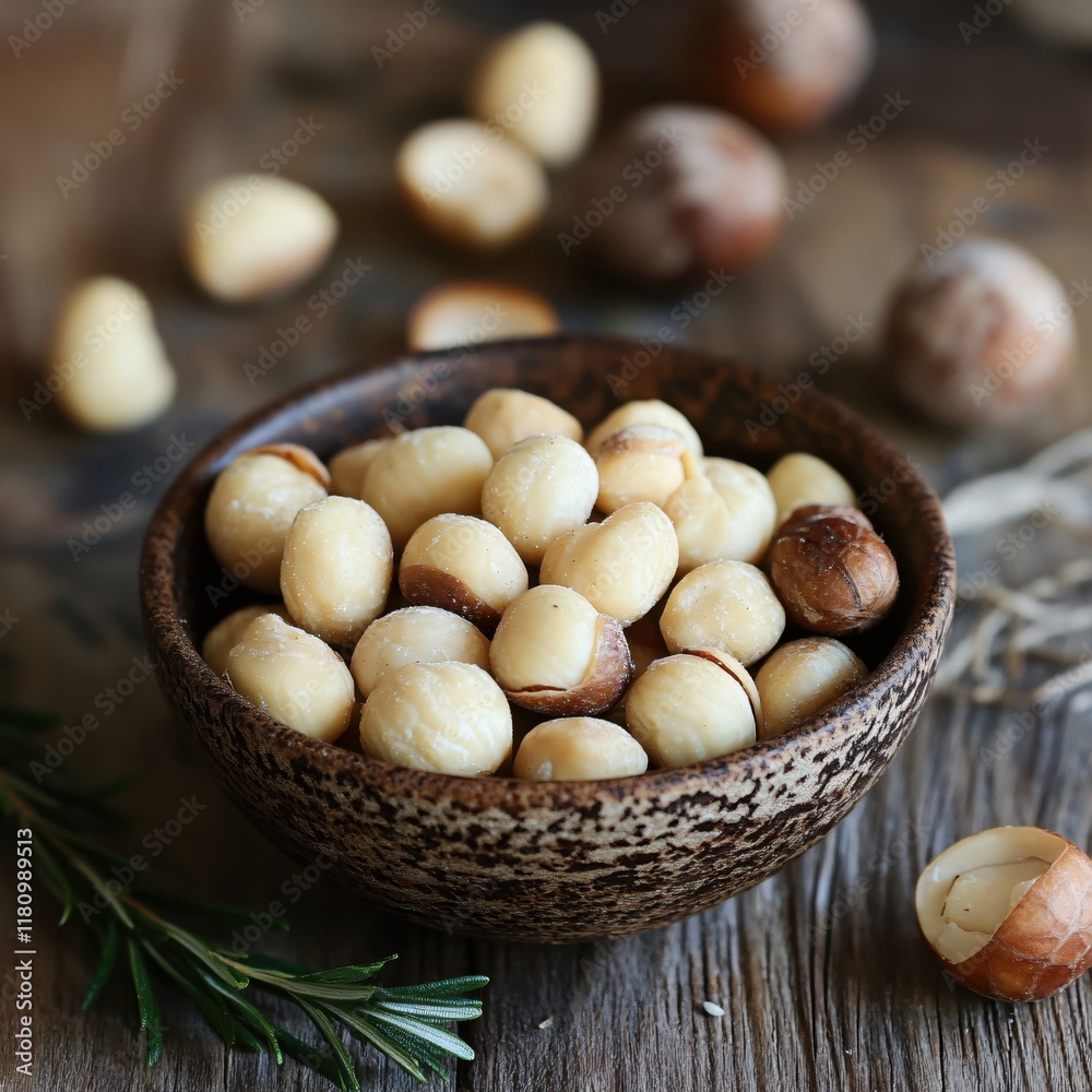 Freshly Roasted Nuts in a Rustic Bowl on a Wooden Table Surface for Healthy Snacking Freshly Roasted Nuts in a Rustic Bowl on a Wooden Table Surface for Healthy Snacking