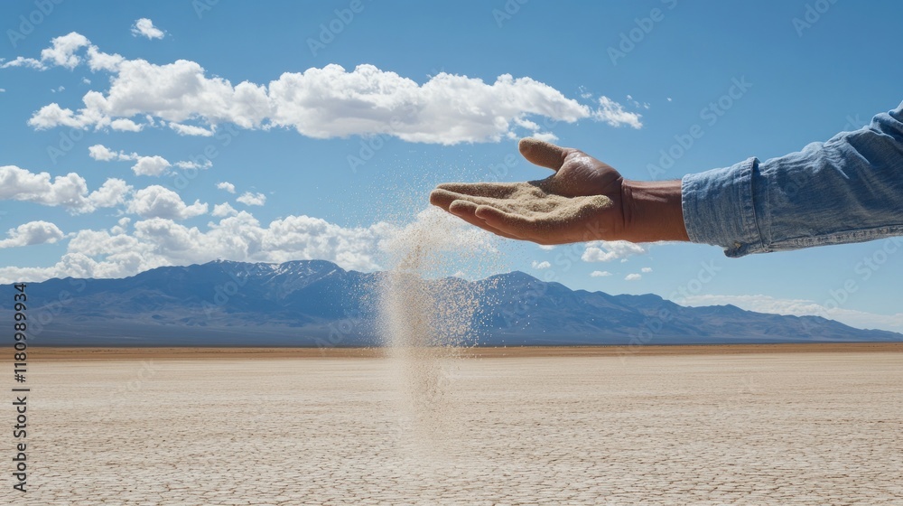 A hand releasing sand against a backdrop of mountains and a clear blue sky. A hand releasing sand against a backdrop of mountains and a clear blue sky.
