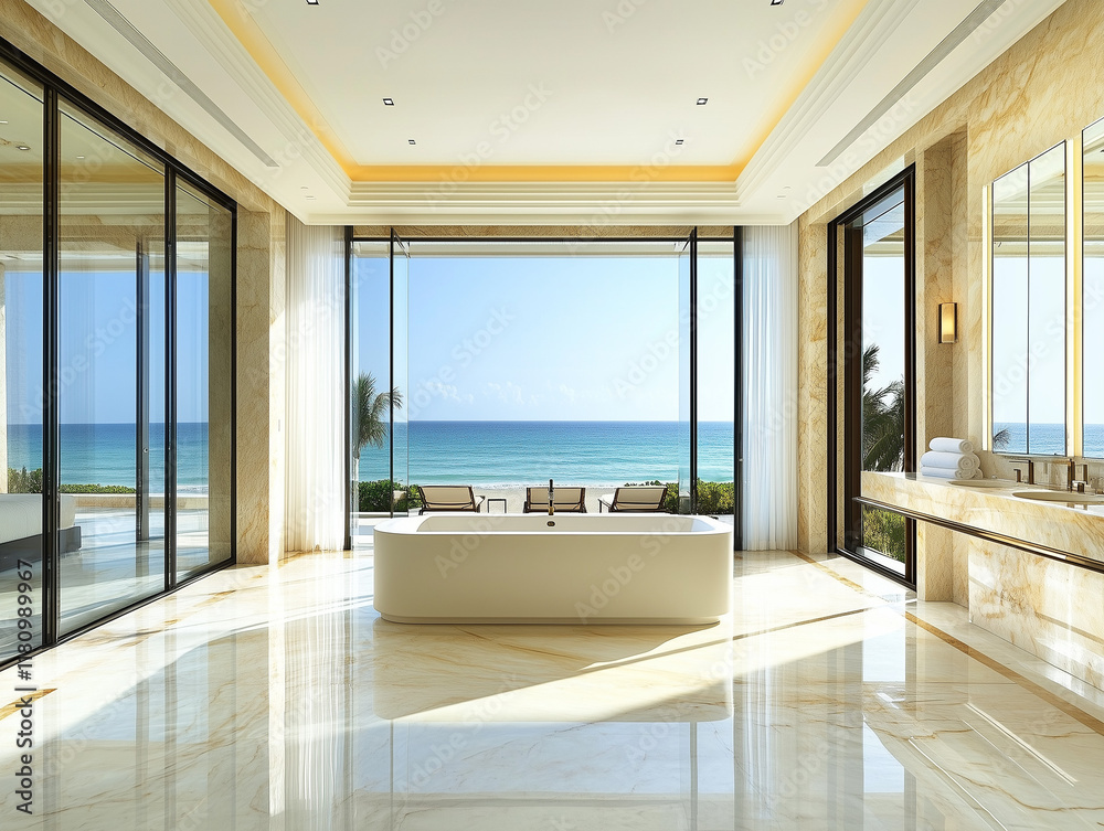 Fototapeta premium From a wide-angle view on a sunny summer day, luxury and modern hotel's beach bathroom exudes opulence and relaxation, with its sleek design, sparkling clean facilities, and panoramic ocean vistas, c