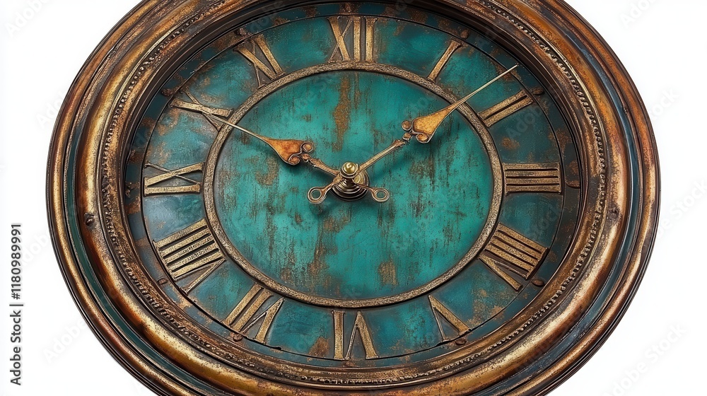 Antique teal and bronze wall clock with Roman numerals. Antique teal and bronze wall clock with Roman numerals.