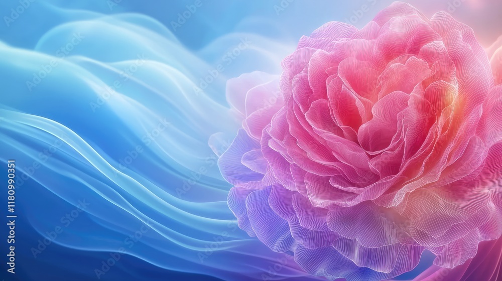 Soft Pink Flower on a Blue Background with Flowing Waves and Ethereal Light Effects Soft Pink Flower on a Blue Background with Flowing Waves and Ethereal Light Effects