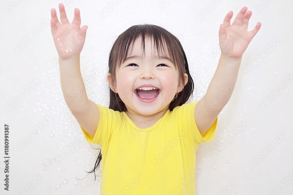 Joyful Little Girl with Wet Hair Celebrating in Bright Yellow Shirt with Bubbles Joyful Little Girl with Wet Hair Celebrating in Bright Yellow Shirt with Bubbles