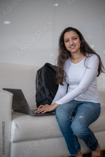Free Download Woman using laptop computer, working at home. Casual business, freelance work, distance studying, internet marketing, meeting online concept - GFXLoad