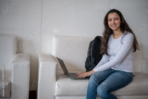 Free Download Woman using laptop computer, working at home. Casual business, freelance work, distance studying, internet marketing, meeting online concept - GFXLoad