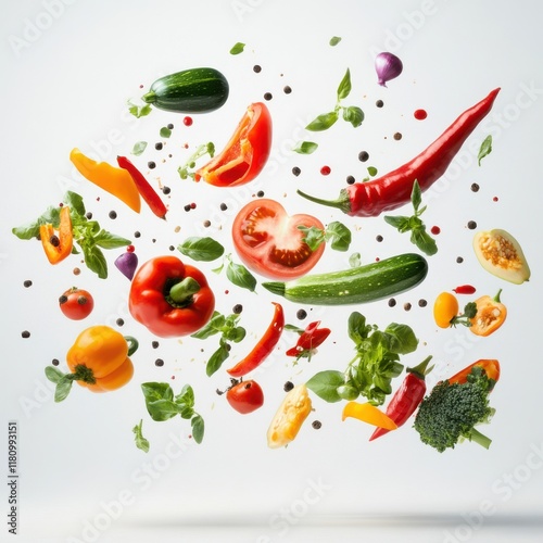 Wallpaper Mural Fresh Colorful Ingredients in Motion: A Vibrant Display of Vegetables and Herbs Captured Against a Bright Background for Cooking Inspiration and Culinary Art Torontodigital.ca