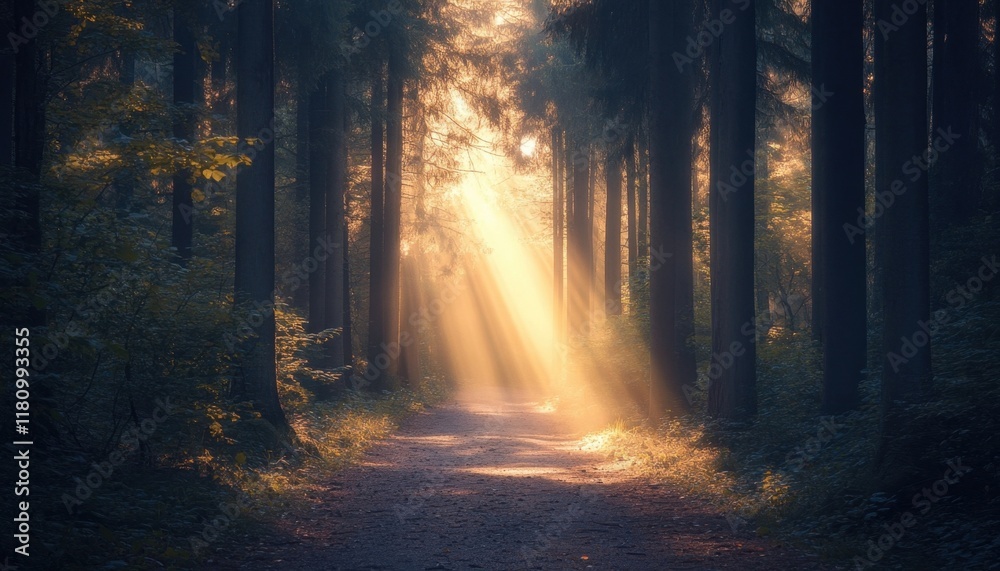 Fototapeta premium A serene forest path illuminated by rays of sunlight.