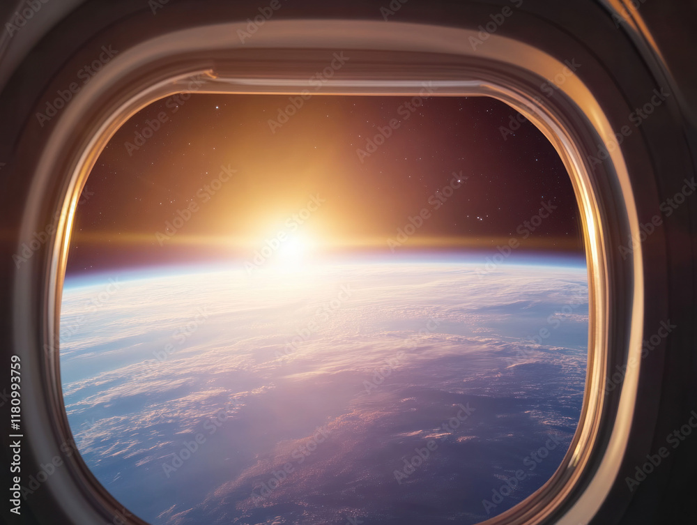 breathtaking view of Earth from spacecraft window, showcasing sunrise over horizon, with stars twinkling in background breathtaking view of Earth from spacecraft window, showcasing sunrise over horizon, with stars twinkling in background