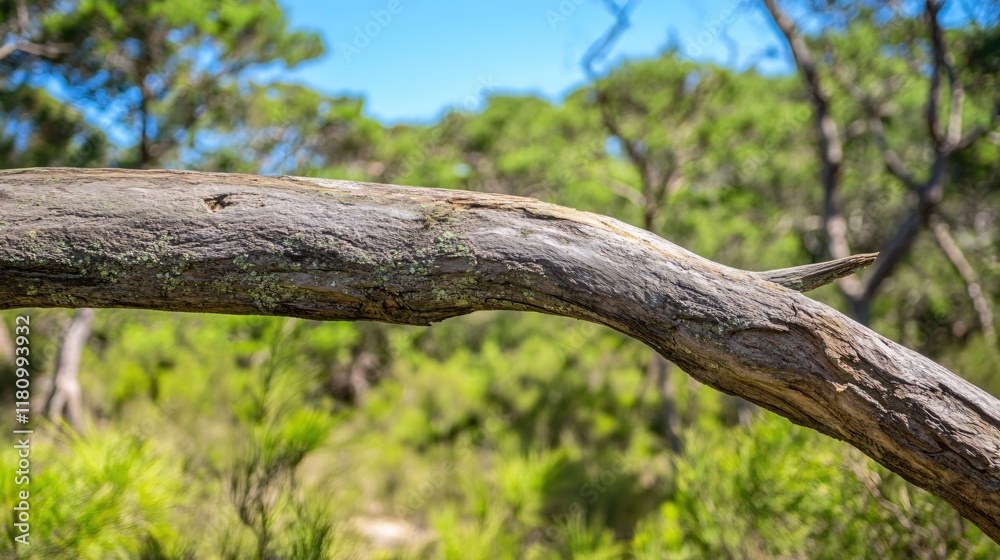 Curved Tree Branch Overlooking Green Nature Scene Under Clear Blue Sky Curved Tree Branch Overlooking Green Nature Scene Under Clear Blue Sky