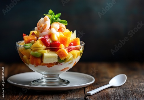 Fresh Fruit Salad with Shrimp and Basil Garnish in Elegant Glass Bowl on Rustic Wooden Table Perfect for Healthy Eating and Refreshing Desserts photo