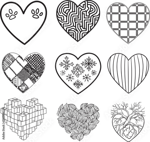 Heart Pattern Doodle Collection – Intricate Black and White Vector Illustrations, Featuring Unique Heart Designs with Geometric, Floral, Abstract, and Textured Patterns photo