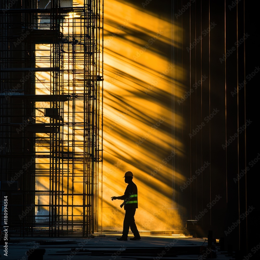 Worker walking through sunlit construction site