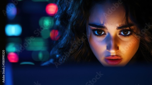 Focused Woman Engaged in Digital Work While Staring at Computer Screen in Modern Workspace Surrounded by Tech Tools