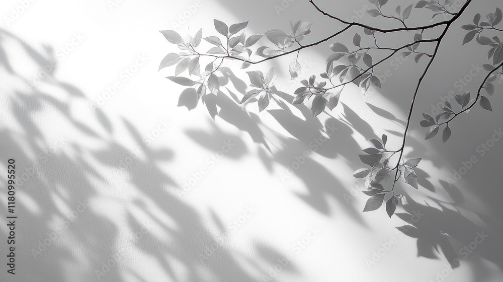 Sunlight through leaves casts shadows on white wall, nature backdrop Sunlight through leaves casts shadows on white wall, nature backdrop