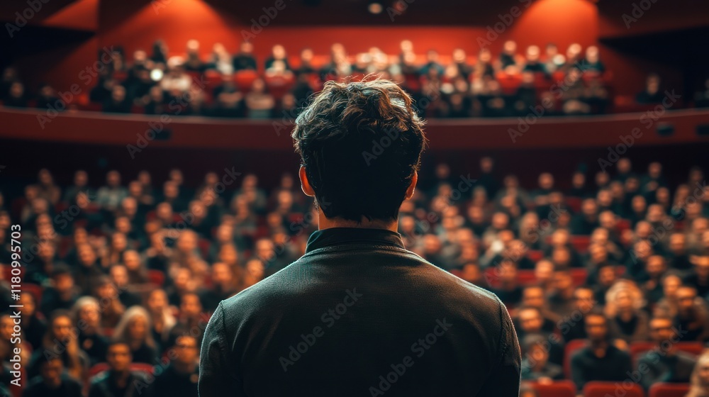 Speaker addressing large audience in theater Speaker addressing large audience in theater
