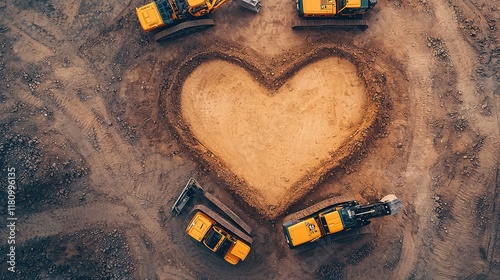 Construction vehicles forming a heart shape in sand, symbolizing love and care in a unique outdoor setting.