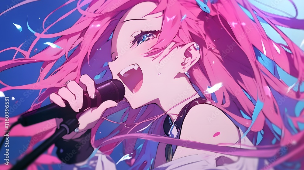 Anime girl with pink hair holding a microphone, singing softly in a line art style Anime girl with pink hair holding a microphone, singing softly in a line art style
