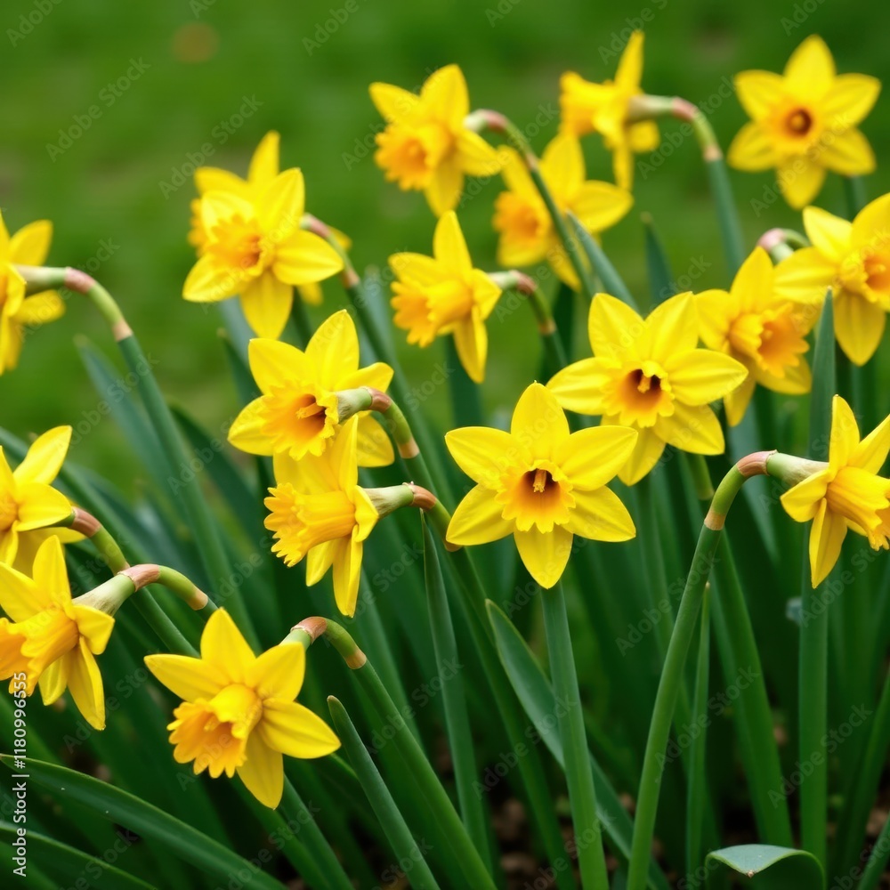 Dense cluster of daffodils, lush green backdrop, spring, closeup, meadow Dense cluster of daffodils, lush green backdrop, spring, closeup, meadow