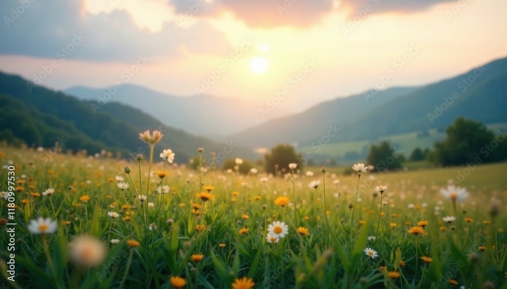 Fototapeta premium Soft, diffused light illuminates a gently blurred landscape , pastel, sun flare
