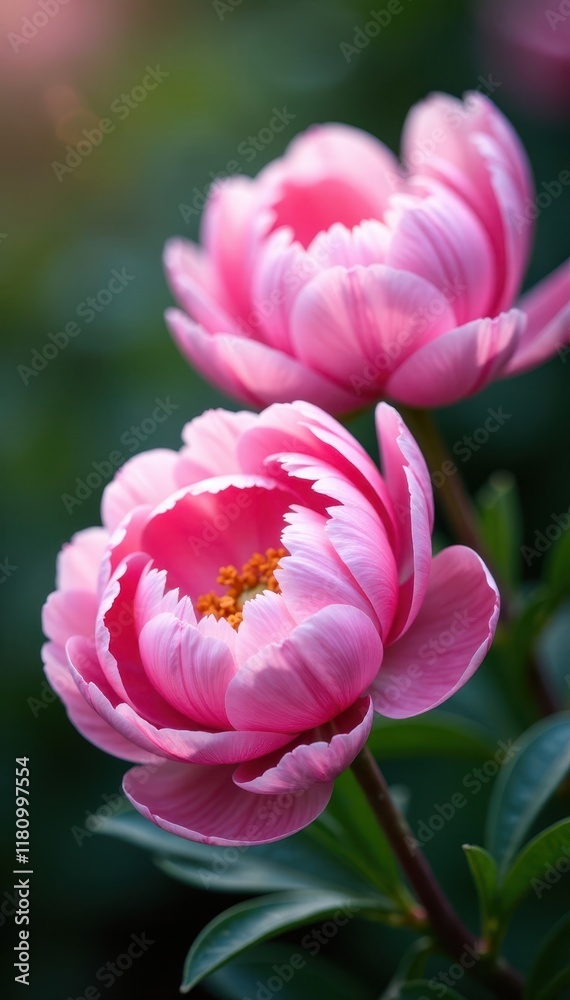 Fototapeta premium Soft pink peony blossoms, lush petals, blurred background, buds, beautiful, artistic