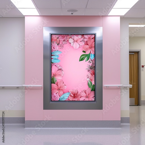 A colorful floral display framed on a pink wall in a bright, modern interior, creating a cheerful atmosphere.