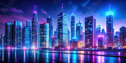 Neon-lit cityscape at night with glowing skyscrapers and vibrant streetlights, lights, urban landscape,  lights photo