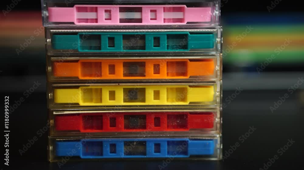 Collection of Colored Audio Cassette Tapes, Close Up Collection of Colored Audio Cassette Tapes, Close Up