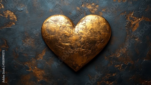 Golden heart on dark textured background.