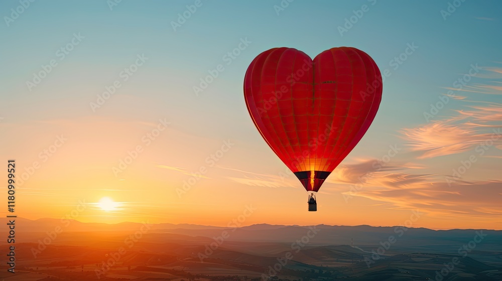 Obraz premium Vibrant Heart-Shaped Hot Air Balloon Gliding Over Scenic Landscape During Breathtaking Sunrise