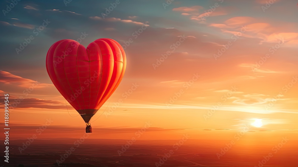 Fototapeta premium Heart-Shaped Hot Air Balloon Floating in a Colorful Sunset Sky Over Scenic Landscape