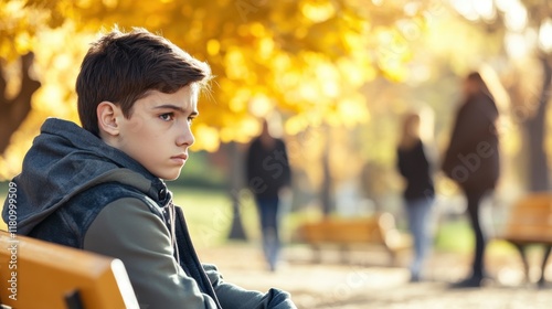 Young Boy Sitting on a Park Bench Observing Nature with a Thoughtful Expression Surrounded by Lush Greenery and Sunlight