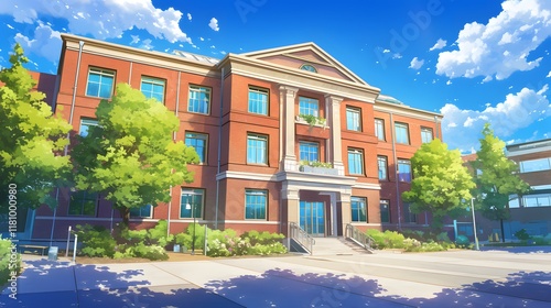 Anime school city building in visual novel game art style