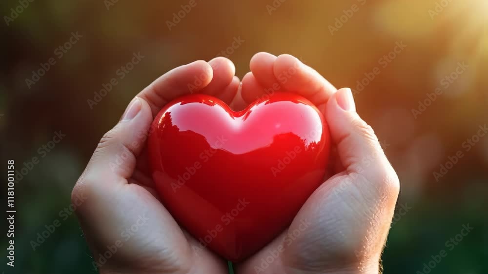Hands Holding a Red Heart in Sunlit Setting Hands Holding a Red Heart in Sunlit Setting