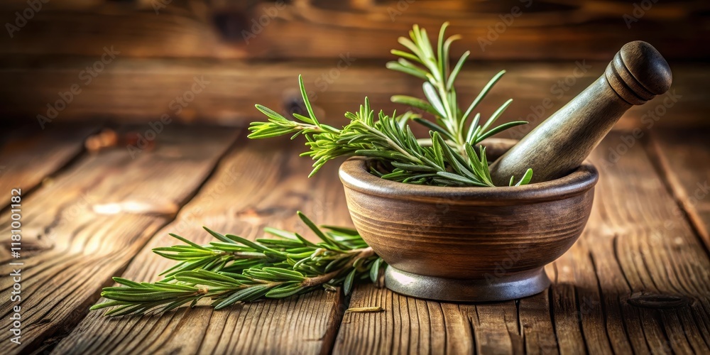 A fragrant sprig of fresh rosemary gently squeezed from its stem and added to a mortar, apothecary, aromatics, apothecary A fragrant sprig of fresh rosemary gently squeezed from its stem and added to a mortar, apothecary, aromatics, apothecary