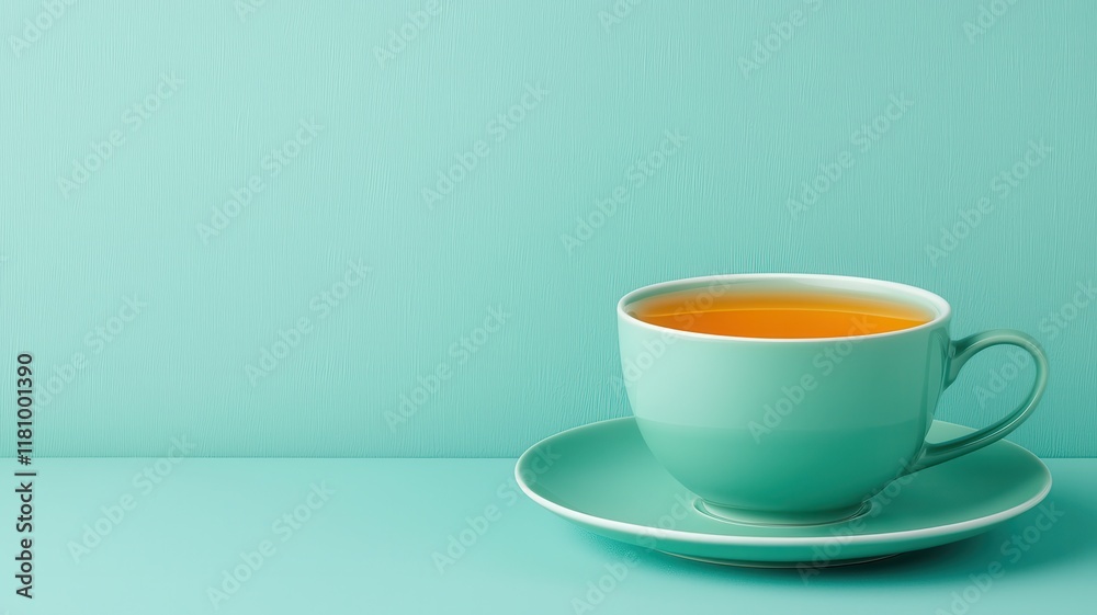 A teal cup with tea on a matching surface against a textured background. A teal cup with tea on a matching surface against a textured background.