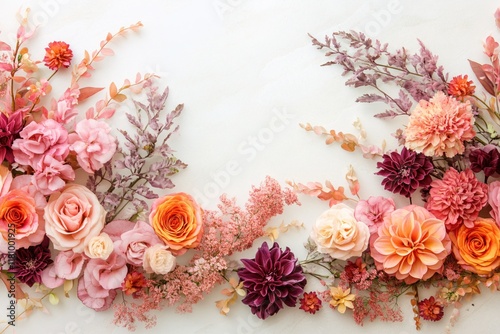 Wallpaper Mural Elegant Floral Arrangement with Pink, Orange, and Burgundy Flowers on White Background Torontodigital.ca