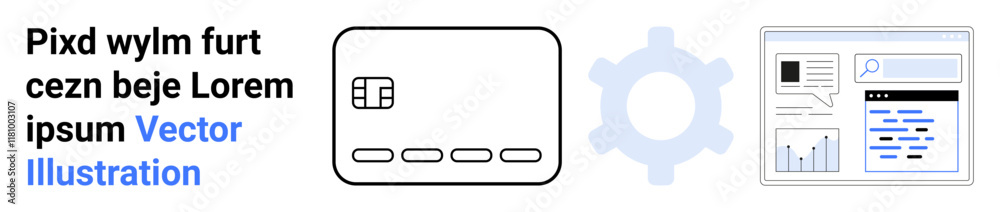 Credit card next to gear icon and analytics dashboard with growth charts and search bar. Ideal for finance, e-commerce, technology, business strategy, data analysis, digital marketing, web Credit card next to gear icon and analytics dashboard with growth charts and search bar. Ideal for finance, e-commerce, technology, business strategy, data analysis, digital marketing, web