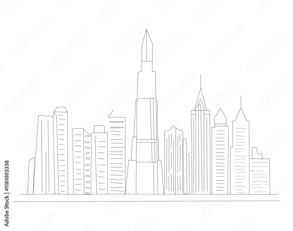 Obraz premium skyline line art drawing style. Cityscape of Chicago with silhouettes of most famous buildings and towers. design isolated on white background. Vector illustration.