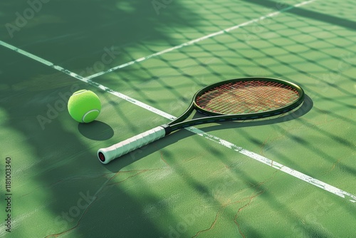 Flawless Visual of Tennis Racket and Ball on Green Tennis Court with Lines