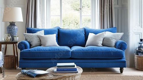 Trendy Blue Sofa in Chic Living Room with Wicker Carpet and Contemporary Design Elements