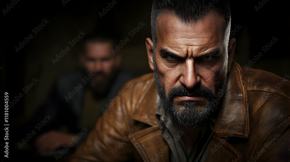 Intense 3D Render of a Bearded Man in a Leather Jacket Intense 3D Render of a Bearded Man in a Leather Jacket
